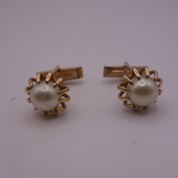 Gold Color Cuff Links with Setting Holding a Pearl PAT. PEND - Picture 2 of 13